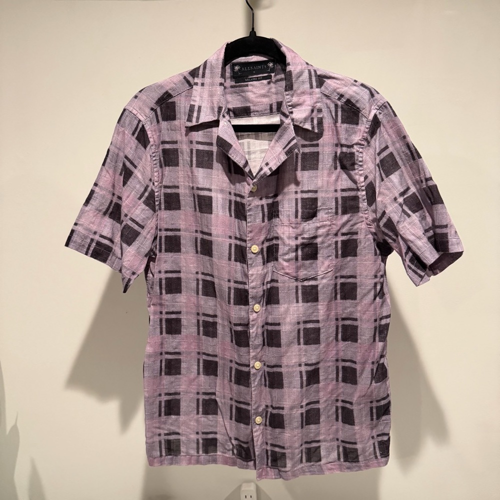 AllSaints Relaxed Fit Button-Up – Purple/Black Plaid Short Sleeve Shirt
